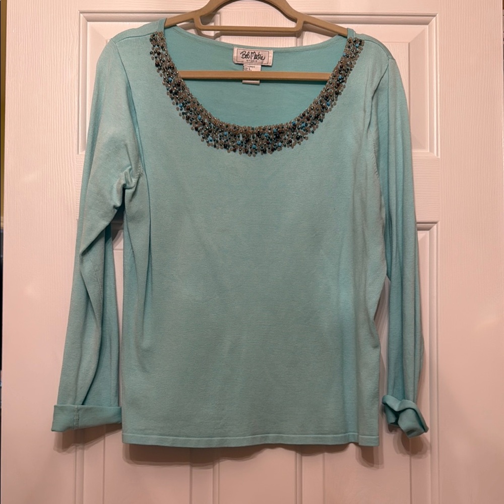 Bob Mackie Blue Embellished 3/4 Sleeve Blouse